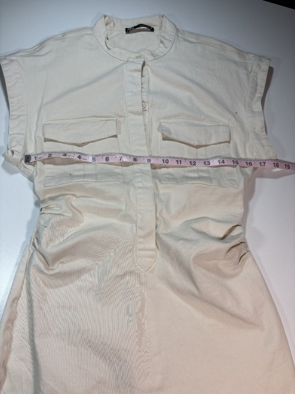 Zara cream utility mini dress ruched waist safari style cotton dress - Picture 6 of 9